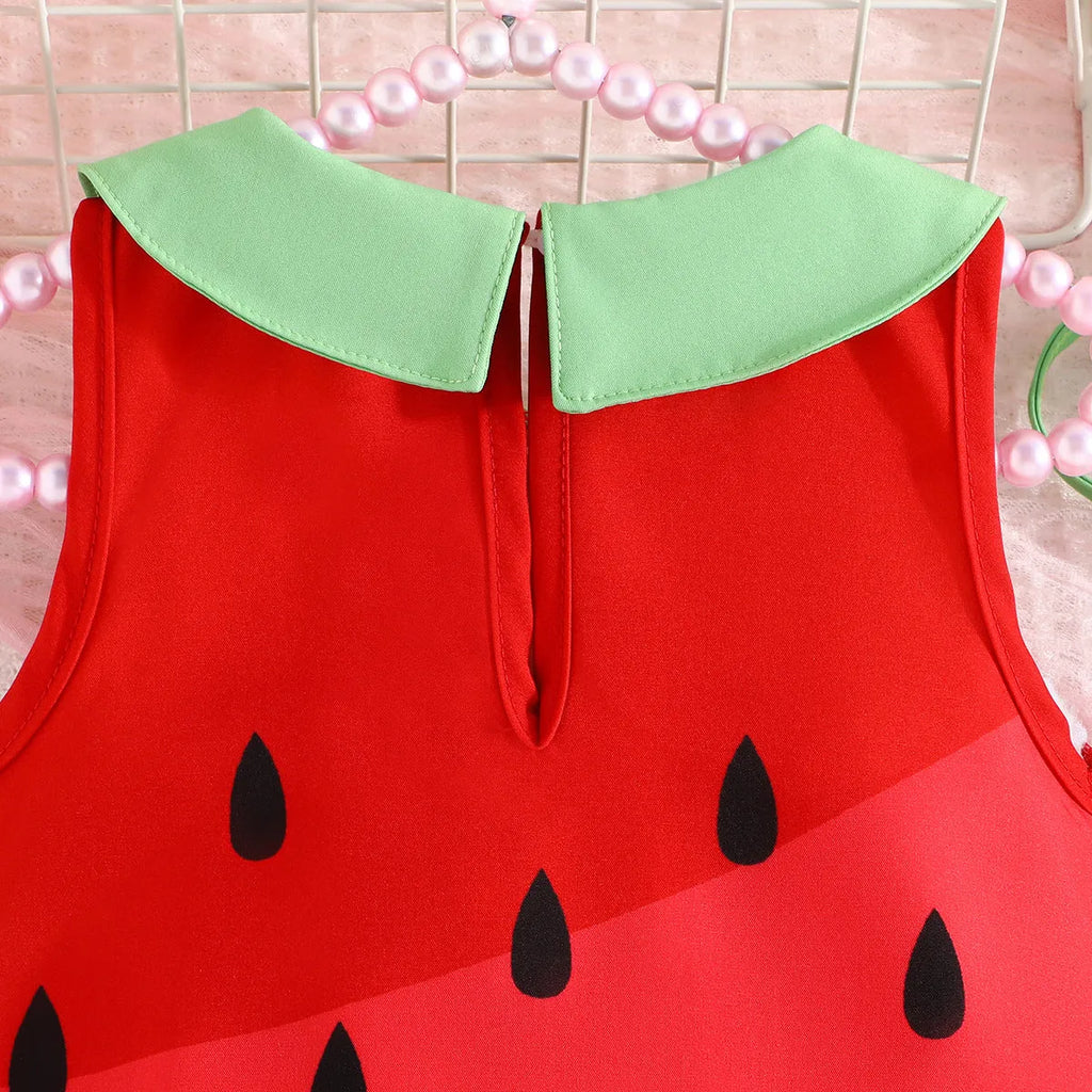 Girls fruit printed sleeveless dress in cartoon pattern, polyester fibre, available in sizes 6 months to 3 years