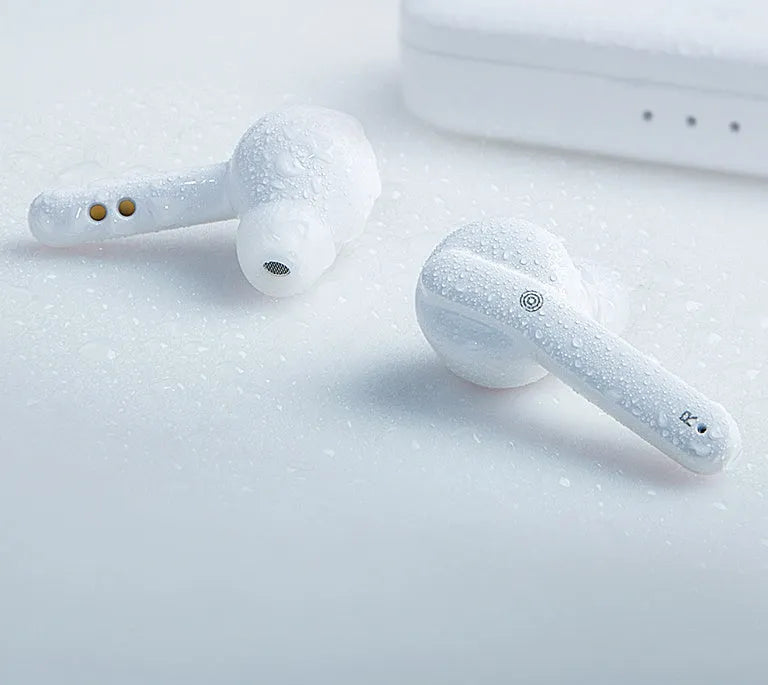 Black and white TWS wireless Bluetooth earbuds with charging case, showing discreet in-ear design.