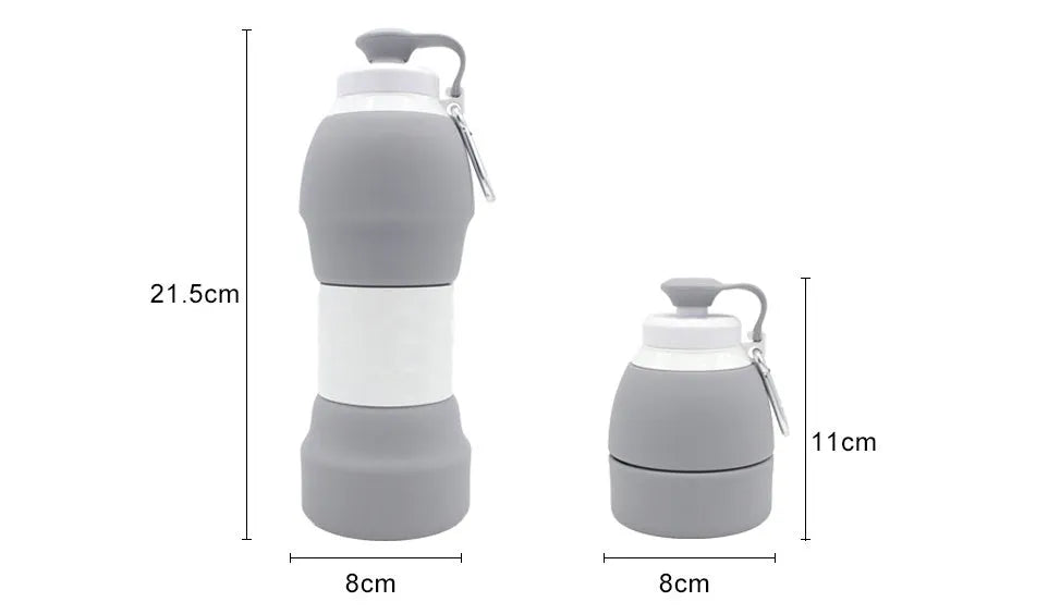 Blue silicone folding water bottle shown expanded and collapsed next to backpack for size comparison