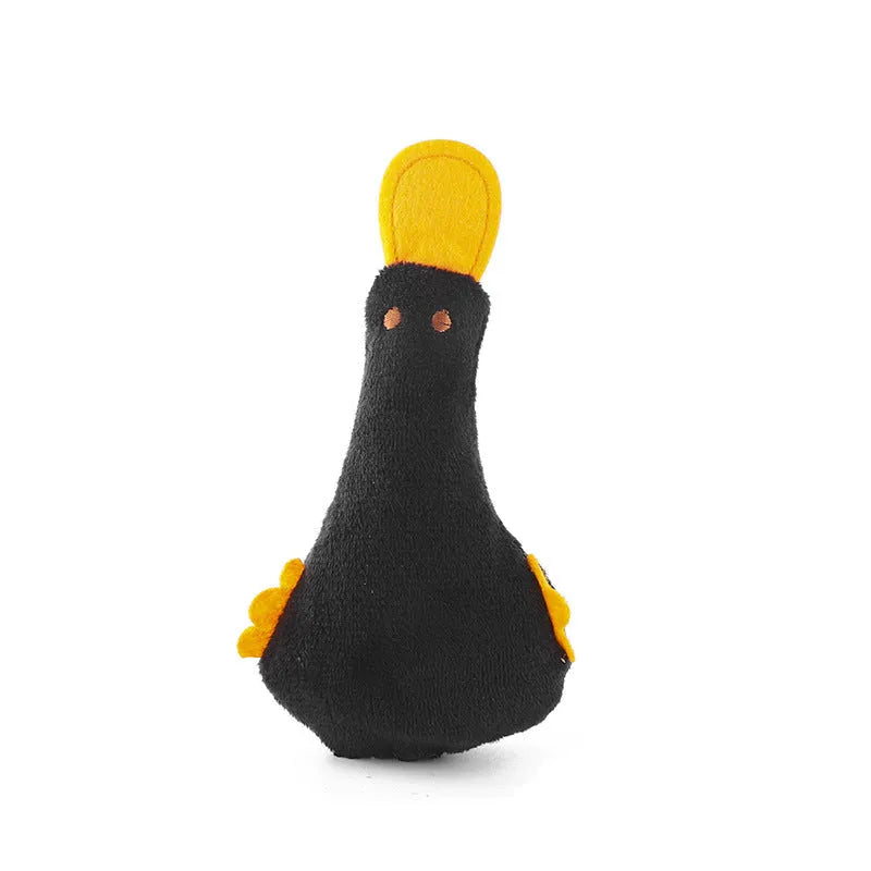 Colourful plush duck pet toy with catnip, a squeaker, and a crinkle rattle for cats and dogs.