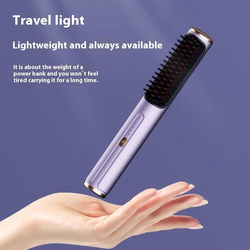 Wireless straightening and curling comb in rose gold colour with multiple international power plug adaptors.