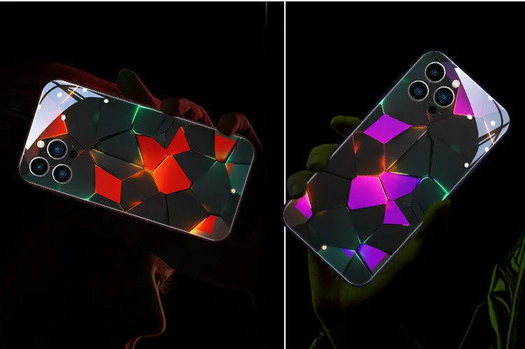 Xpress 14 clear tempered glass iPhone case with illuminated LED notification pattern on the back.