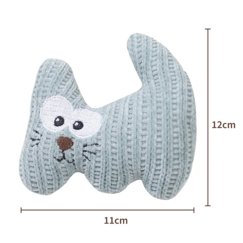 Cyan plush cat toy with bell and catnip, measuring 12cm by 11cm, on a white background