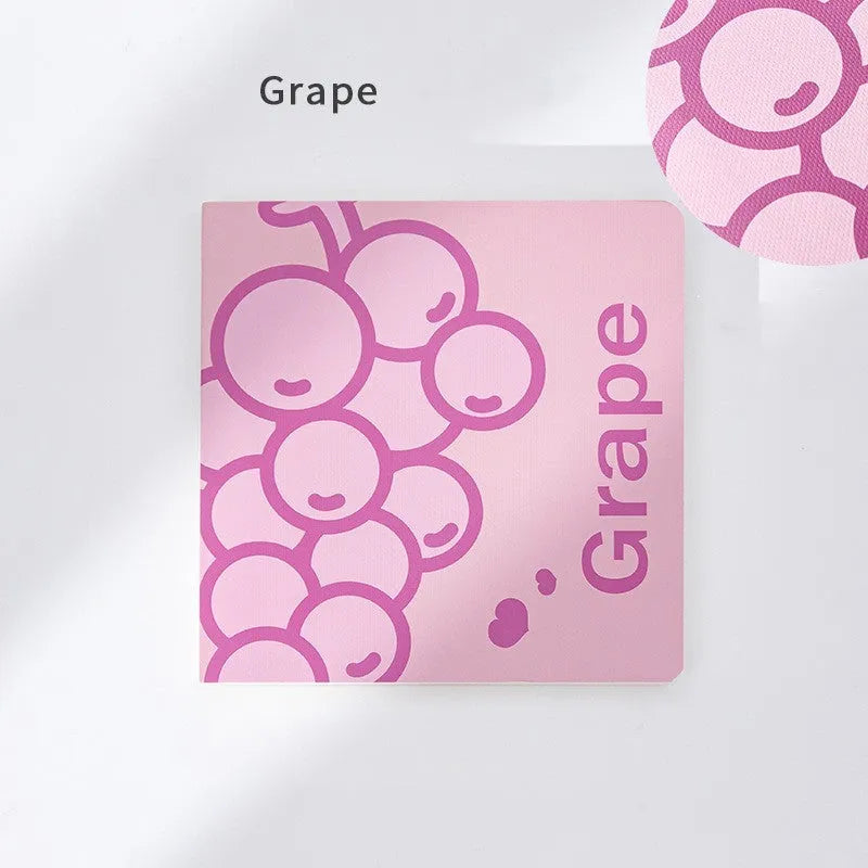 Square notebook with embossed fruit cover design showing 14.5cm dimensions and thickened paper pages