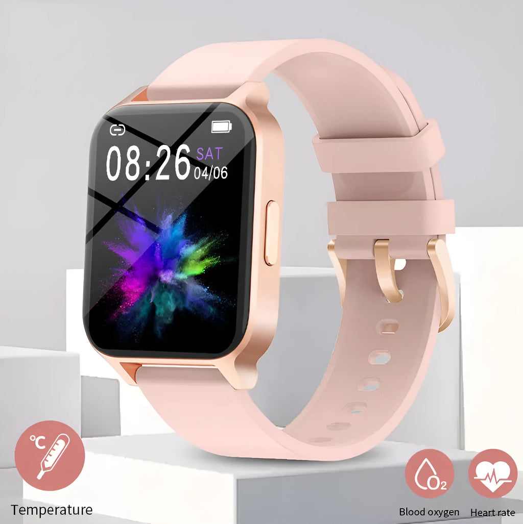 Smart health watch with colour screen on a black mesh strap, showing display with health metrics.