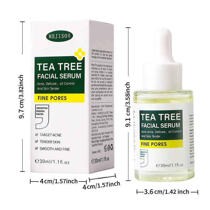 30ml tea tree facial serum in a bottle with a dropper, suitable for neutral oily dry mixed skin types