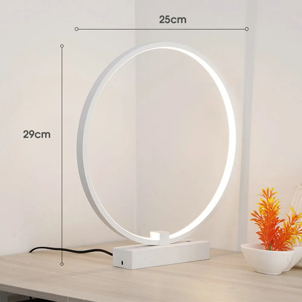 White acrylic LED bedside lamp with iron base, 25cm diameter, cool or warm white light