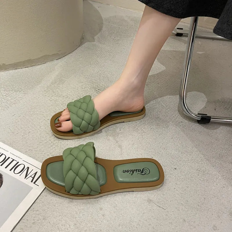 Women's plaid PVC beach sandals with a thick non-slip sole in green, shown from the side.