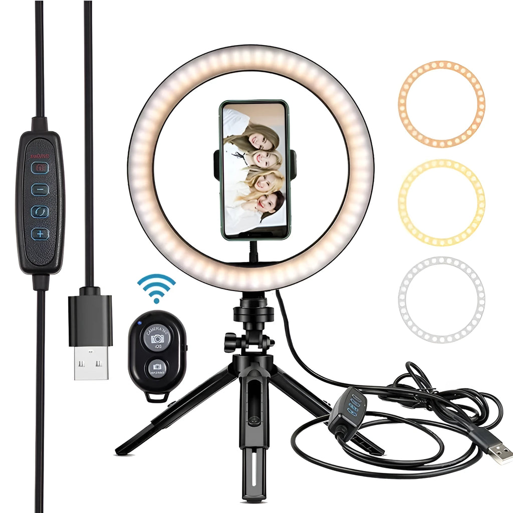 10-inch two-section telescopic ring macro flash live fill light with universal mobile phone mount, 5000K, plug-in