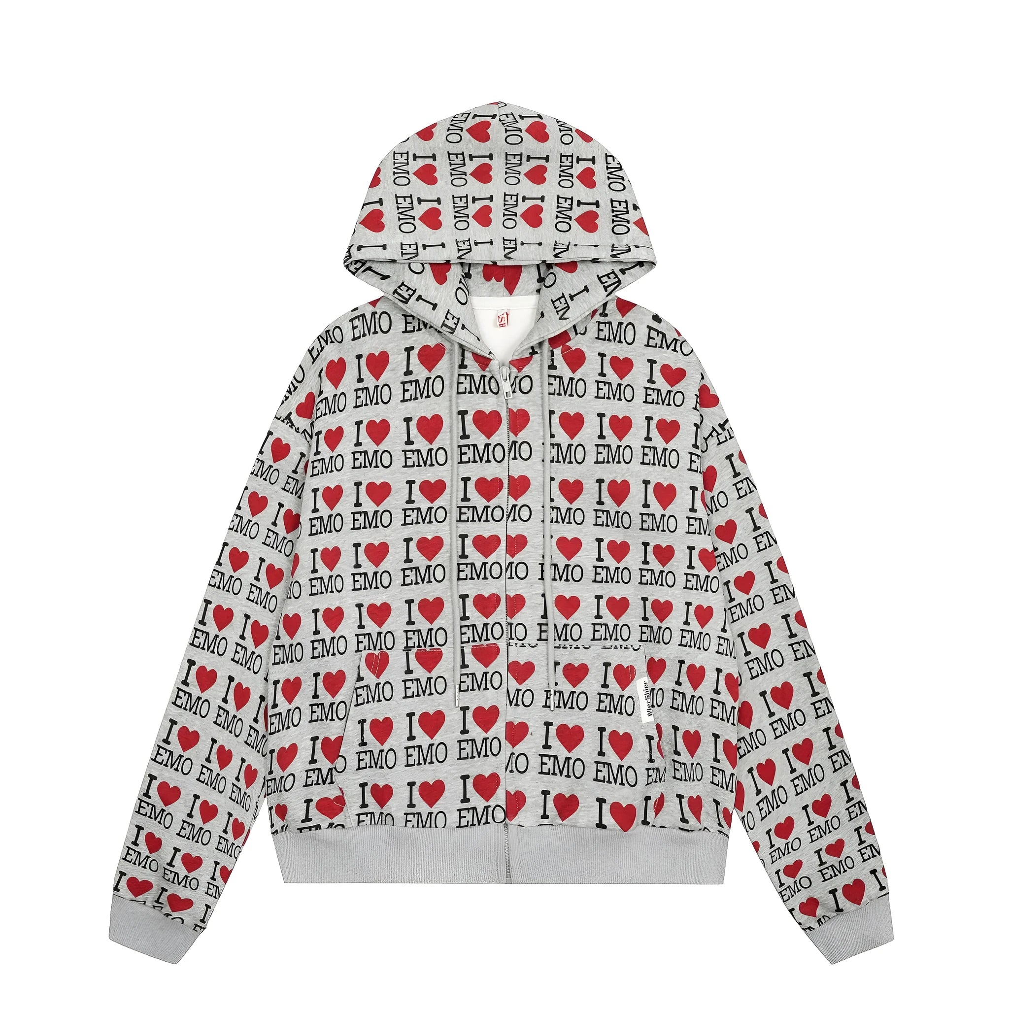 Women's melange grey hooded cotton cardigan with a retro pattern, shown on a model.