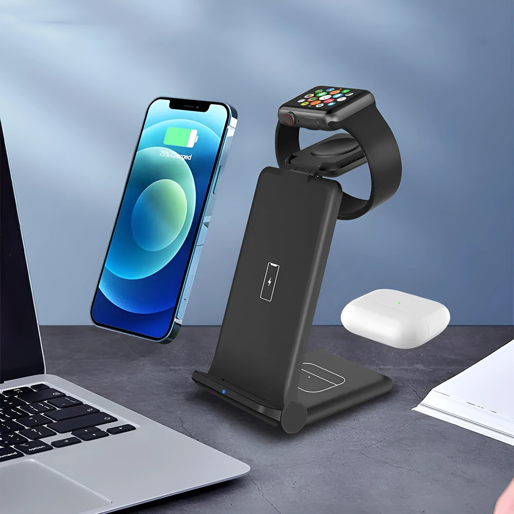 White 3-in-1 wireless charging station dock for iPhone, Apple Watch and AirPods with foldable design