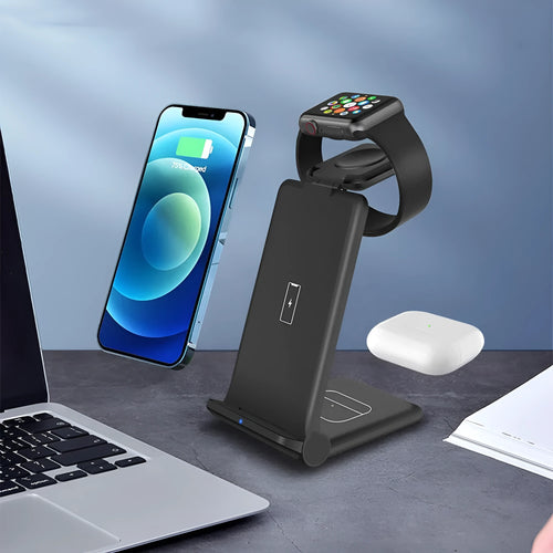White 3-in-1 wireless charging station showing phone, Apple Watch and AirPods charging simultaneously