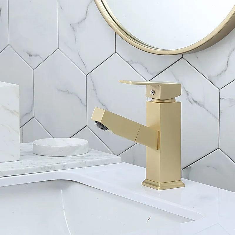 Square pull-action faucet in brushed gold finish for kitchen or bathroom sink.