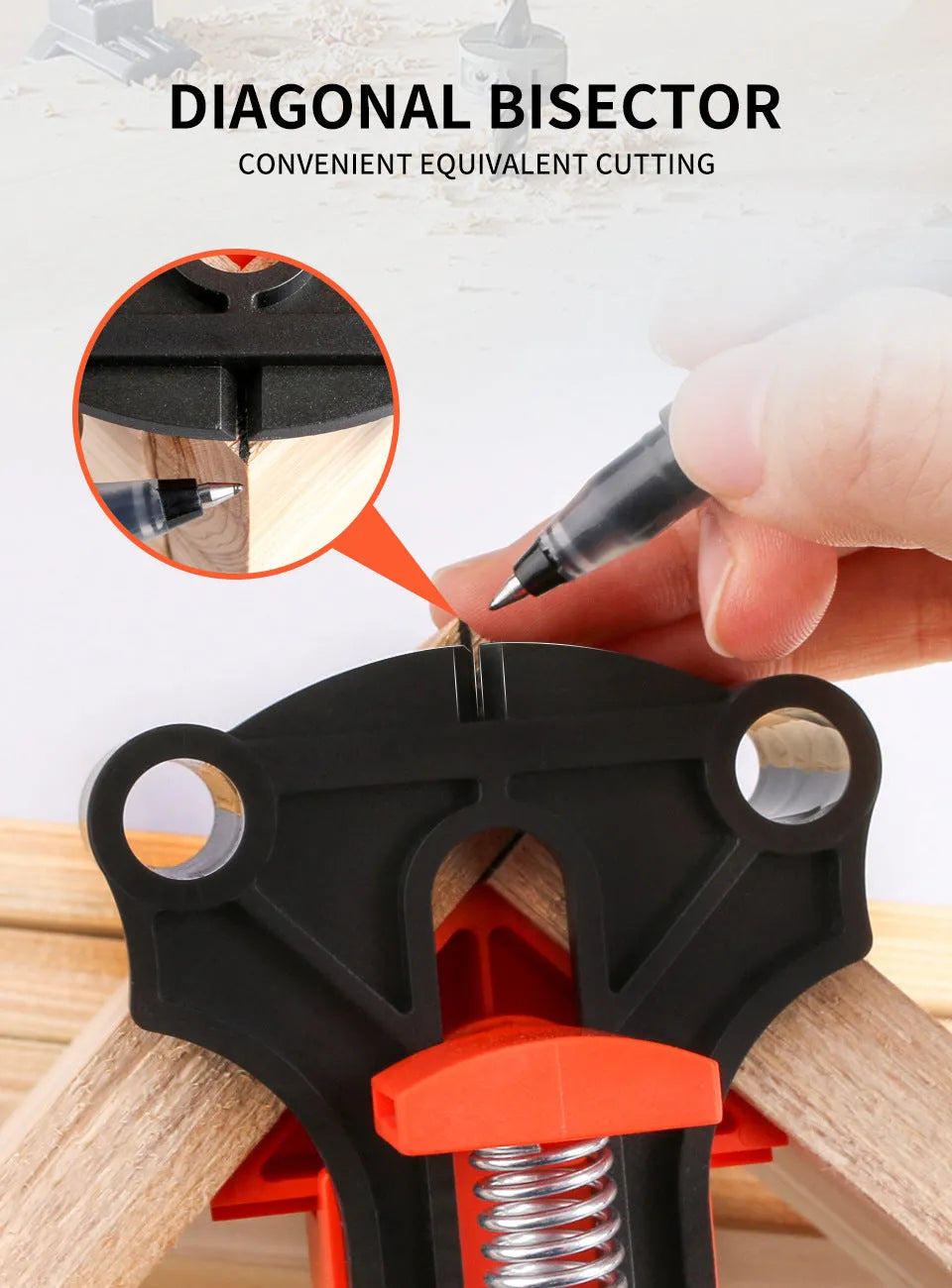 Four plastic 90-degree right angle wood clamps for frame and box assembly.