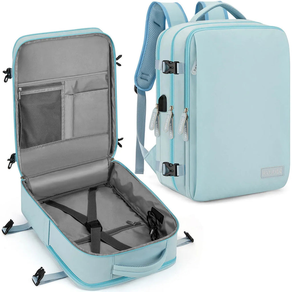 Water repellent travel backpack in black made from polyester fibre, with single main compartment, for business use