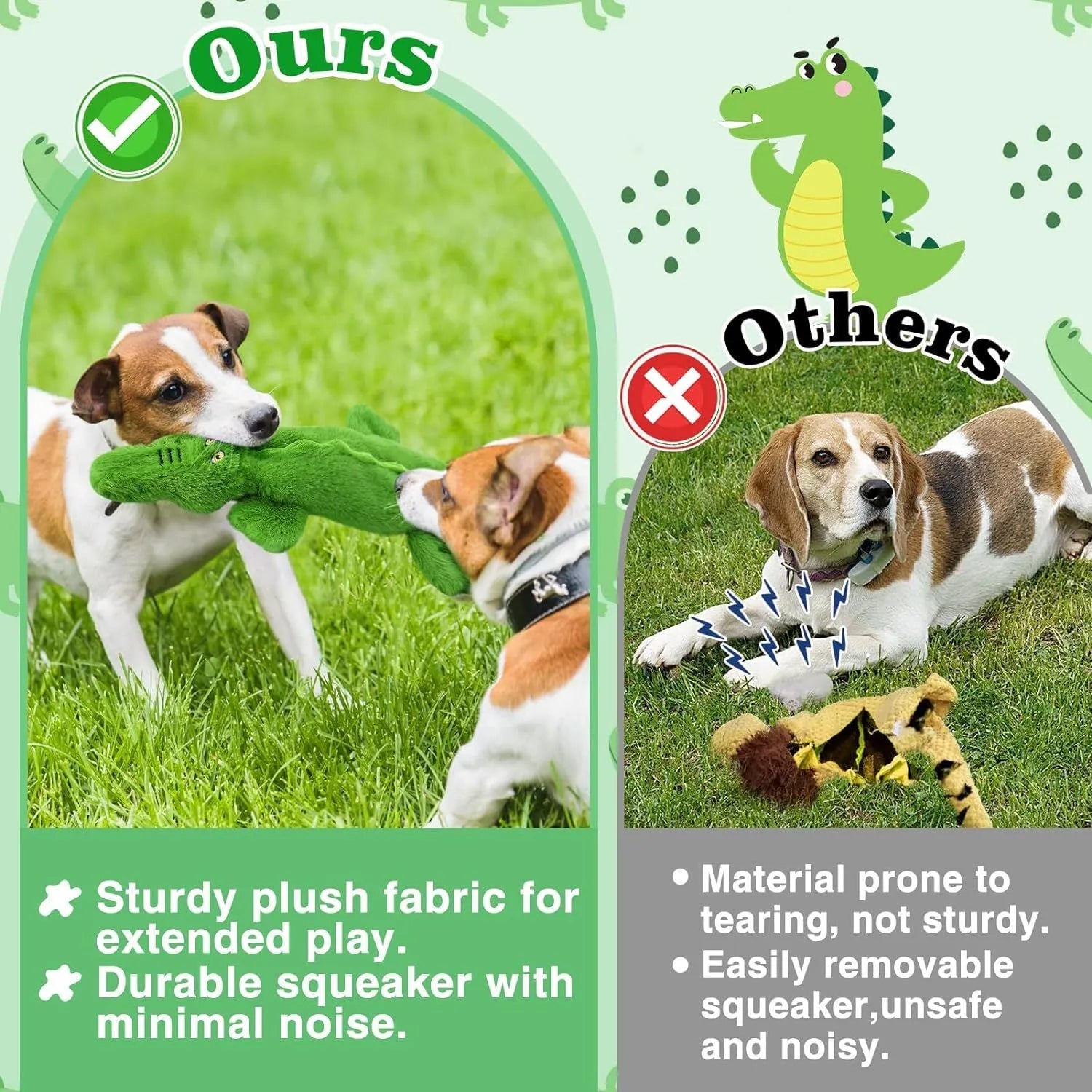 Green crocodile-shaped plush dog toy with a squeaker and crinkle tail for aggressive chewers.