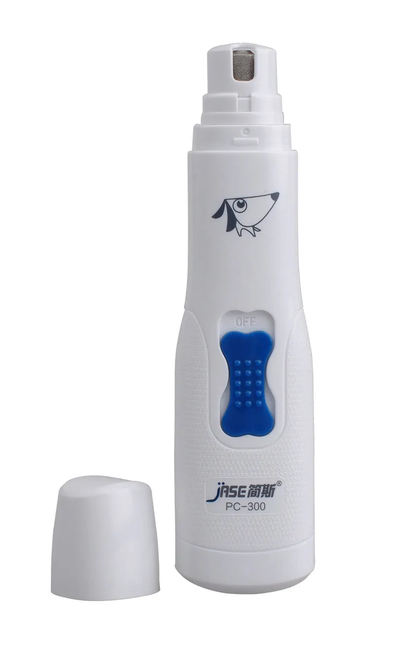 Electric pet nail grinder with two port cover, ABS plastic body, and emery grinding wheel