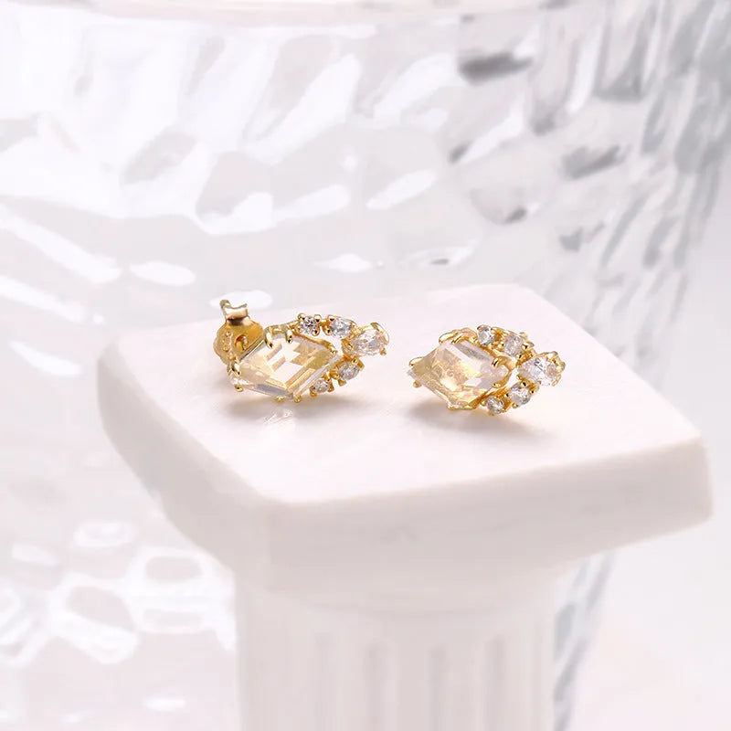 Geometric 925 silver earrings with sweet white crystal studs and electroplated finish