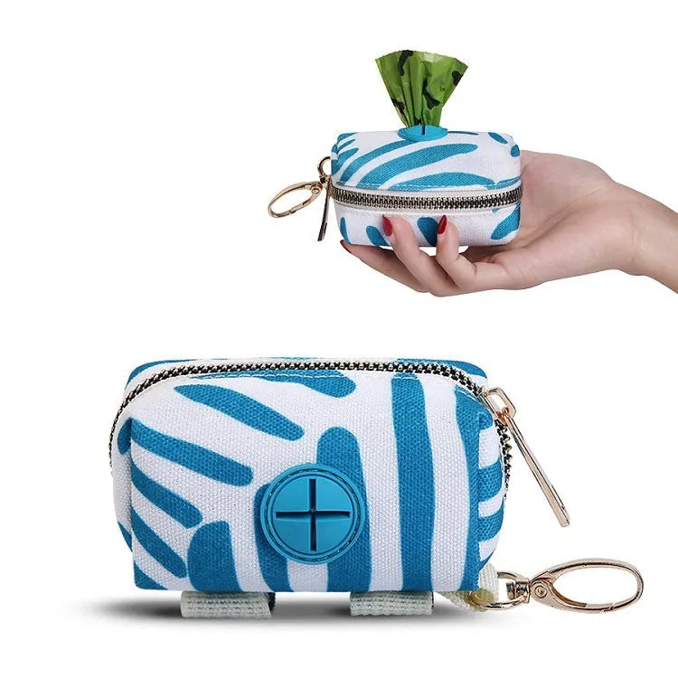 Compact polyester pet poop storage pouch with zipper, 9.5x5x5cm, hand-held rope, blue and black colours