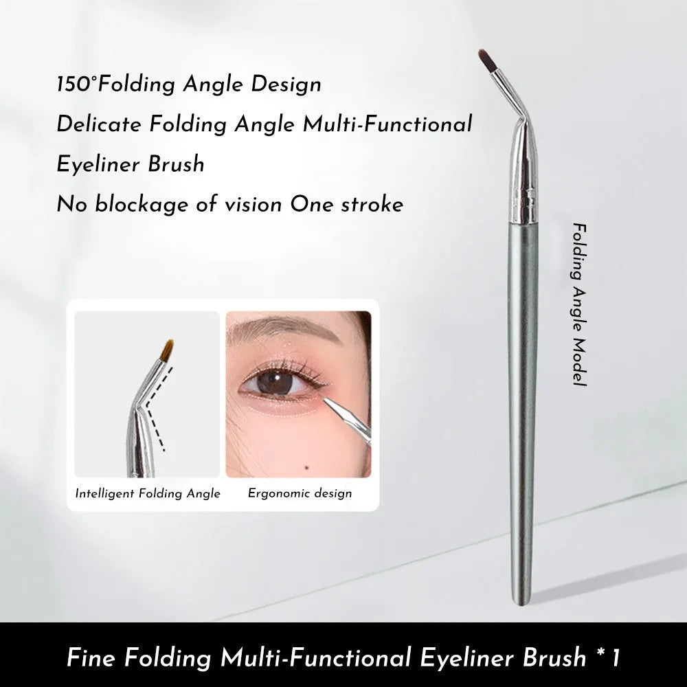 Angled bend head eyeliner brush with wooden handle for under eye and tear trough makeup application