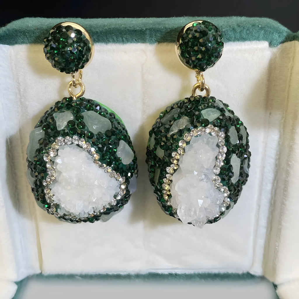 Pair of dark green geometric copper crystal bud inlaid emerald earrings