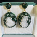 Pair of dark green geometric copper crystal bud inlaid emerald earrings