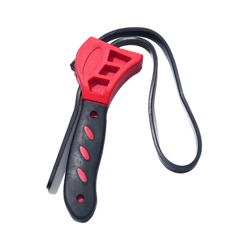 6-inch and 8-inch adjustable rubber strap wrench set with phosphated finish on a workbench.