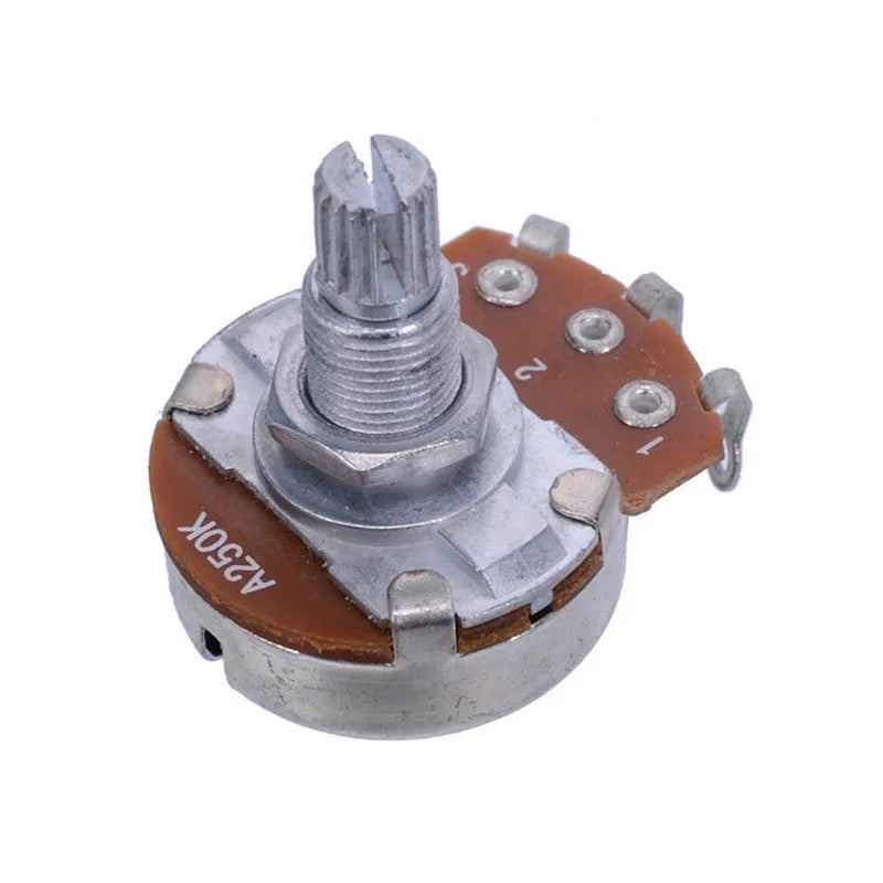 A single metal potentiometer knob for electric guitar volume and tone control.