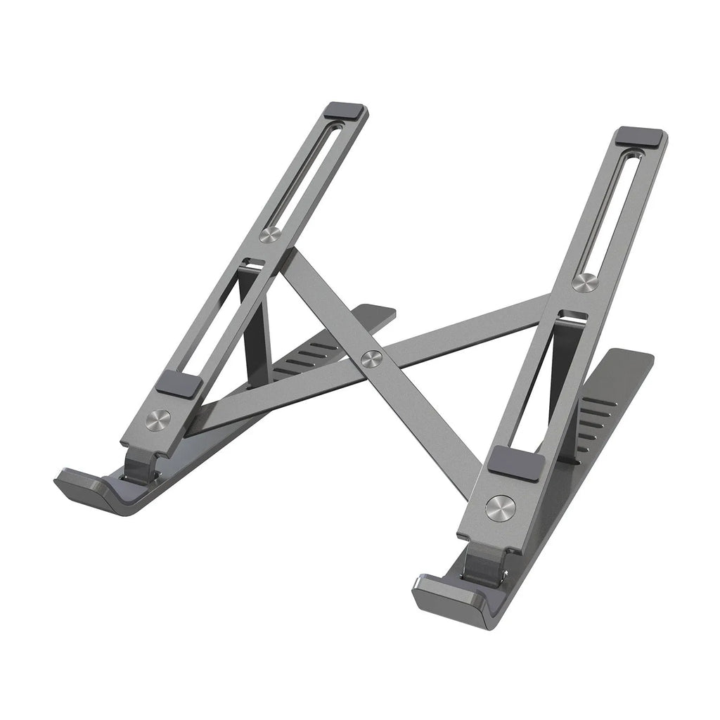 Silver aluminium laptop stand folded flat next to an open laptop, showing its six-angle adjustment hinge.