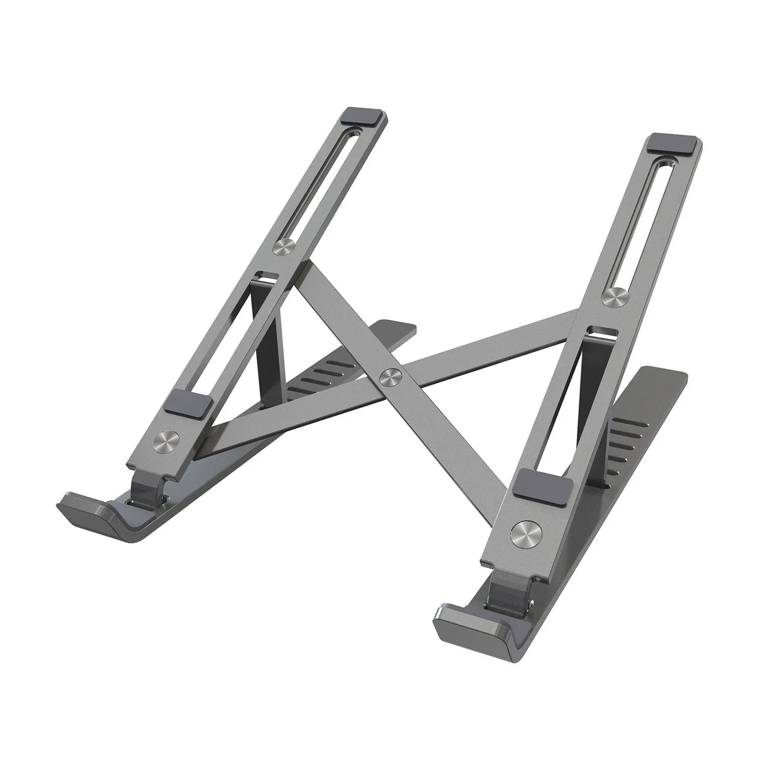 Silver aluminium laptop stand folded flat next to an open laptop, showing its six-angle adjustment hinge.