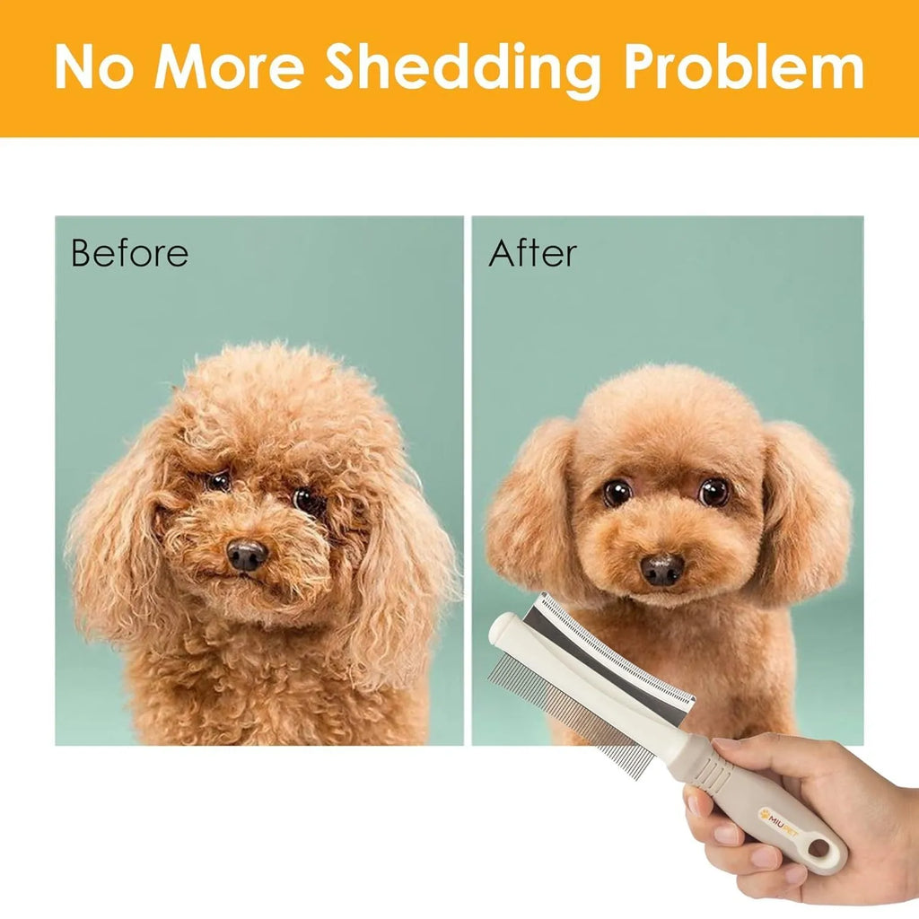 White 2 in 1 pet deshedding brush showing comb side and blade side with ergonomic handle