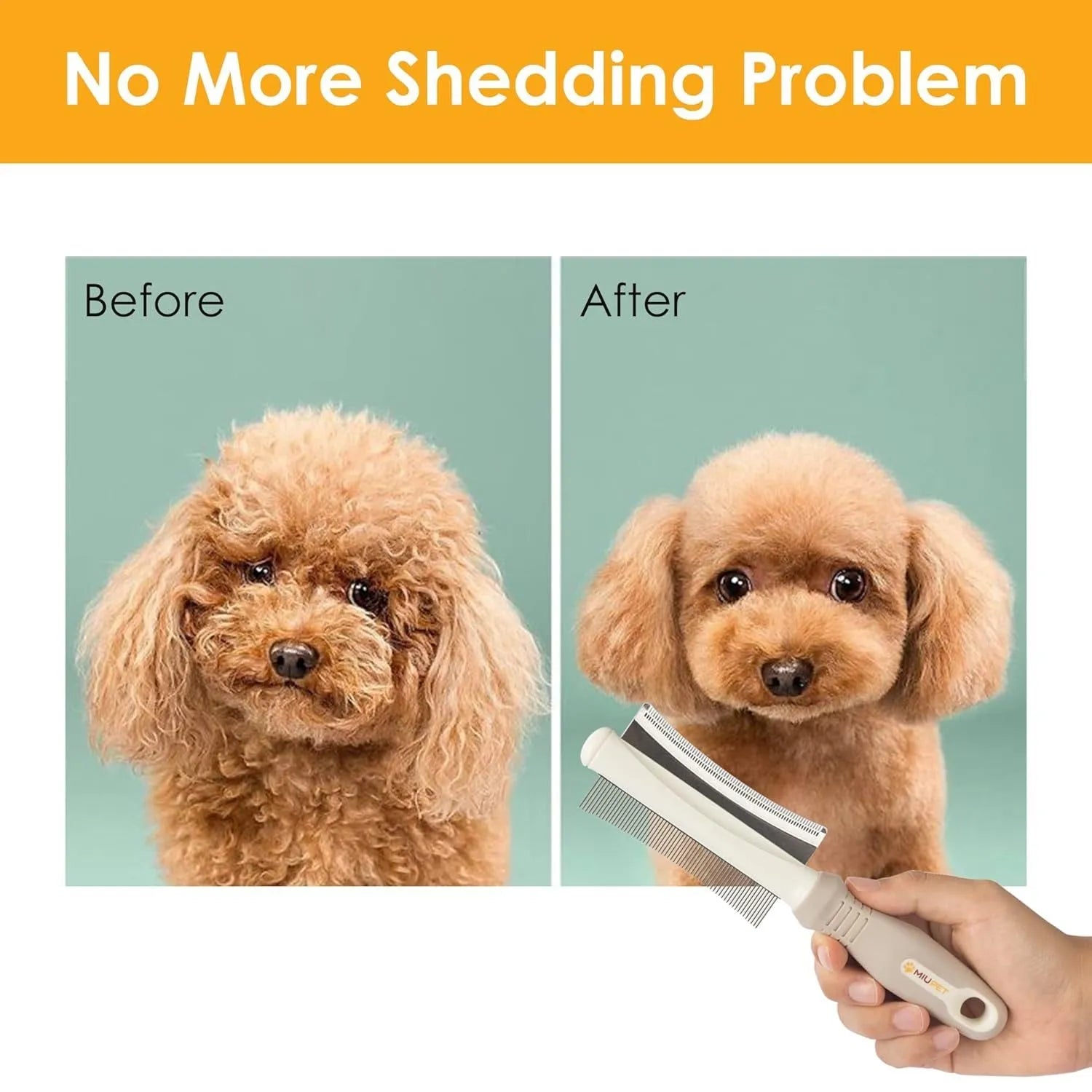 White 2 in 1 pet deshedding brush showing comb side and blade side with ergonomic handle