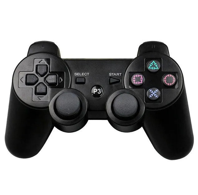 PS3 Bluetooth wireless game handle in black with button layout and USB port