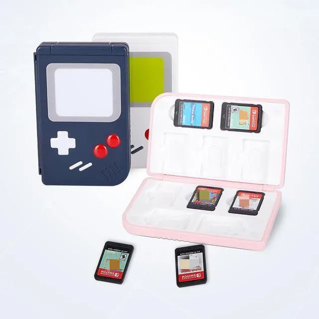 Small portable Nintendo Switch game card storage box in blue, pink or white.