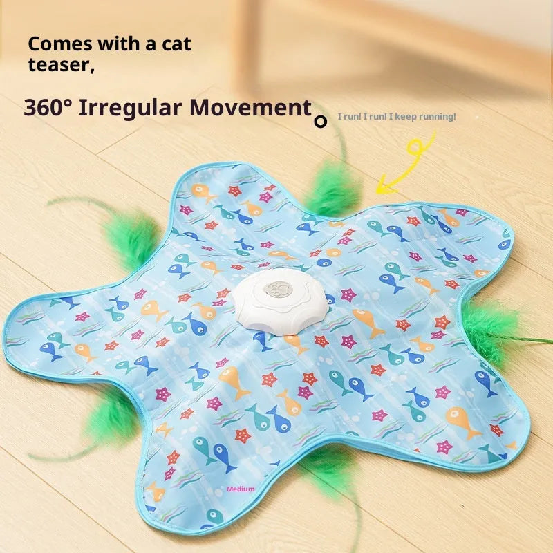Electronic cat toy with PP cover in blue fish or white seaweed design, one set for indoor hunting play