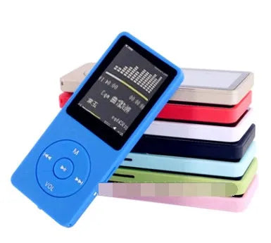 Compact MP4 player with 1.8-inch colour screen showing video playback, available in black, blue, golden, green, light blue, pink, red or white