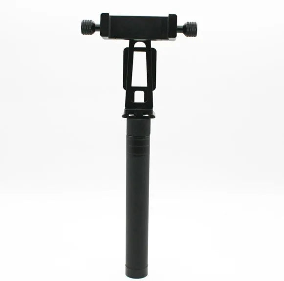 Black retractable aluminium selfie stick with Bluetooth remote, extended with a phone in the holder.