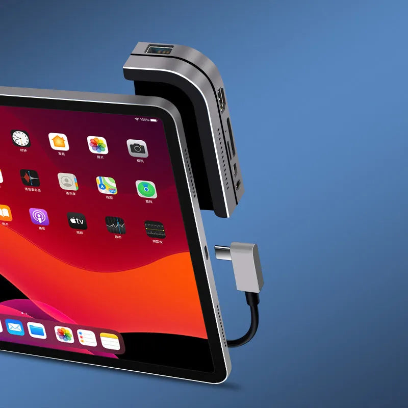 Silver aluminium grey Type-C docking station for iPad Pro with multiple connection ports