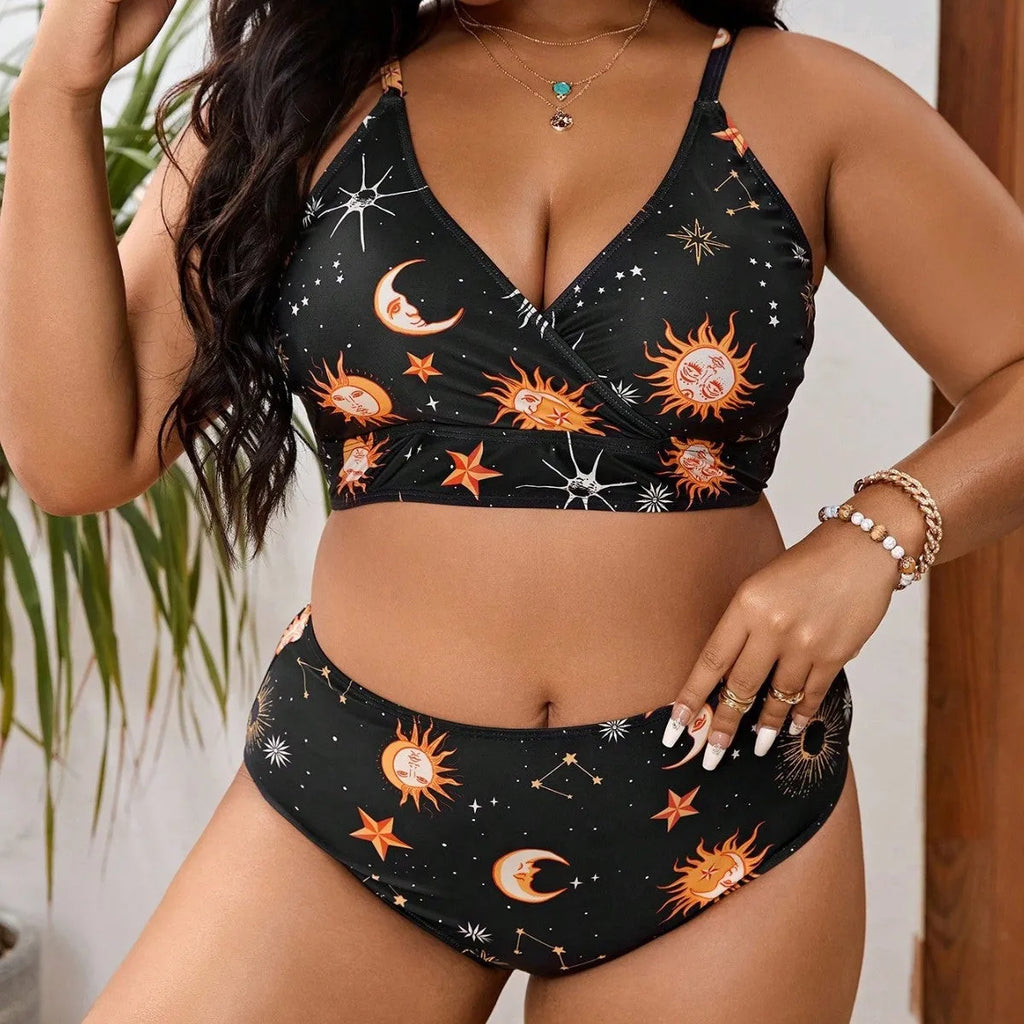 Women's split printed swimsuit in large size L-4XL, sleeveless brief style for swimming and wading