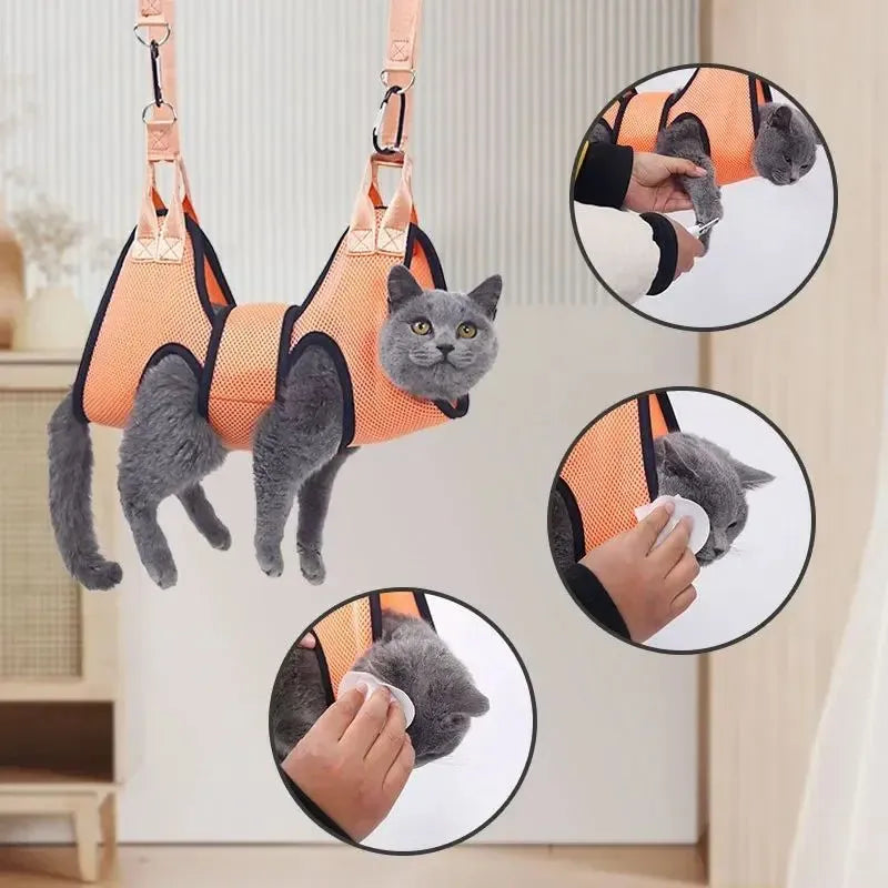 Cat grooming restraint bag in hammock design for nail cutting and bathing procedures