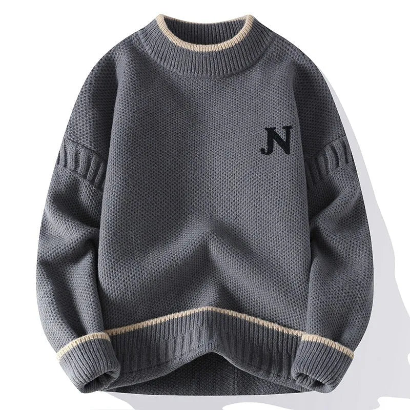 Men's thickened round neck cotton blend knit sweater in grey, loose fit pullover winter style