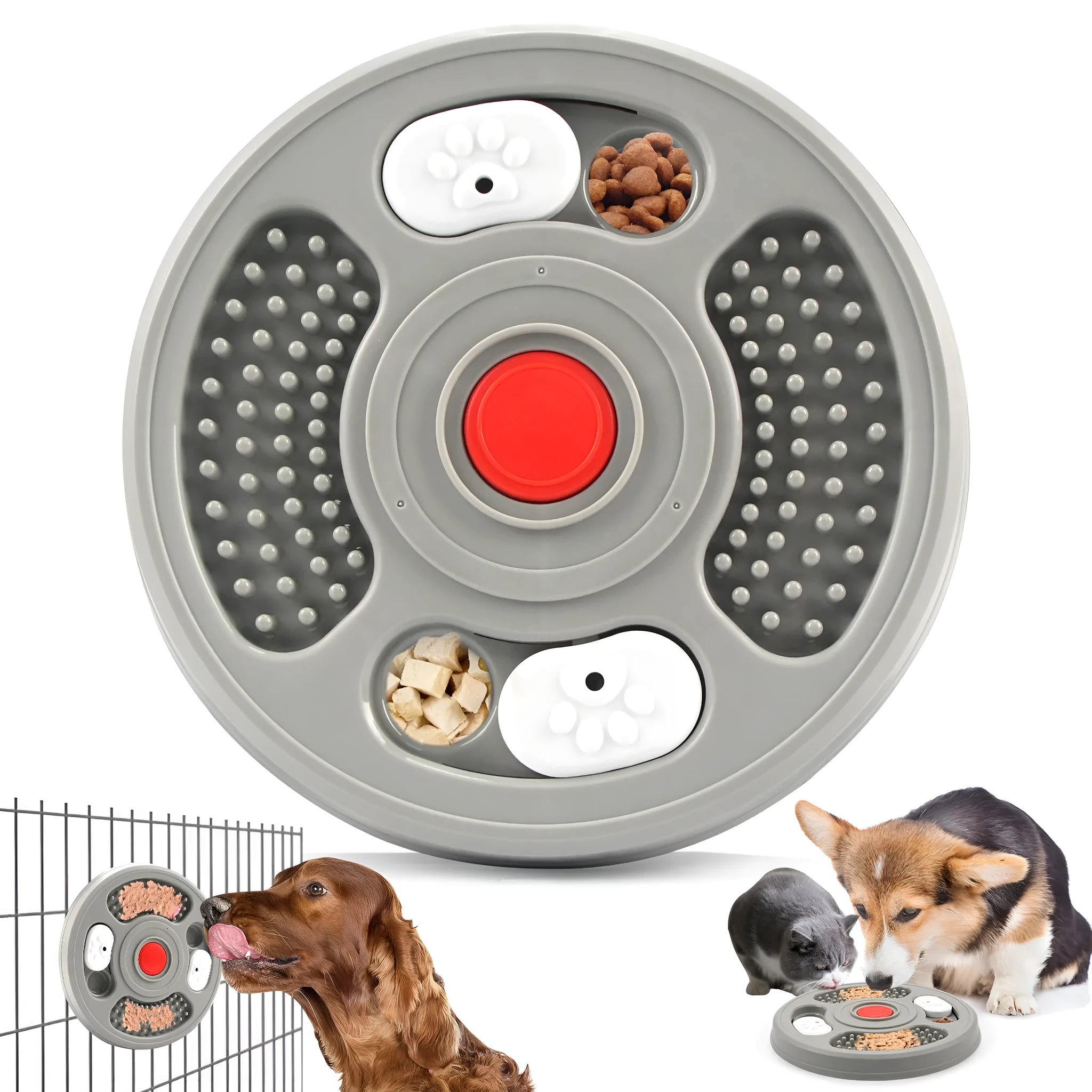 Blue and grey pet slow feeder bowl with anti-slip pads and textured eating surface