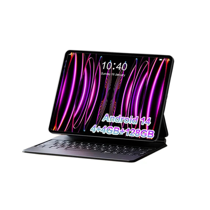 Bare metal blue 10-inch tablet with optional leather keyboard case shown on a desk.