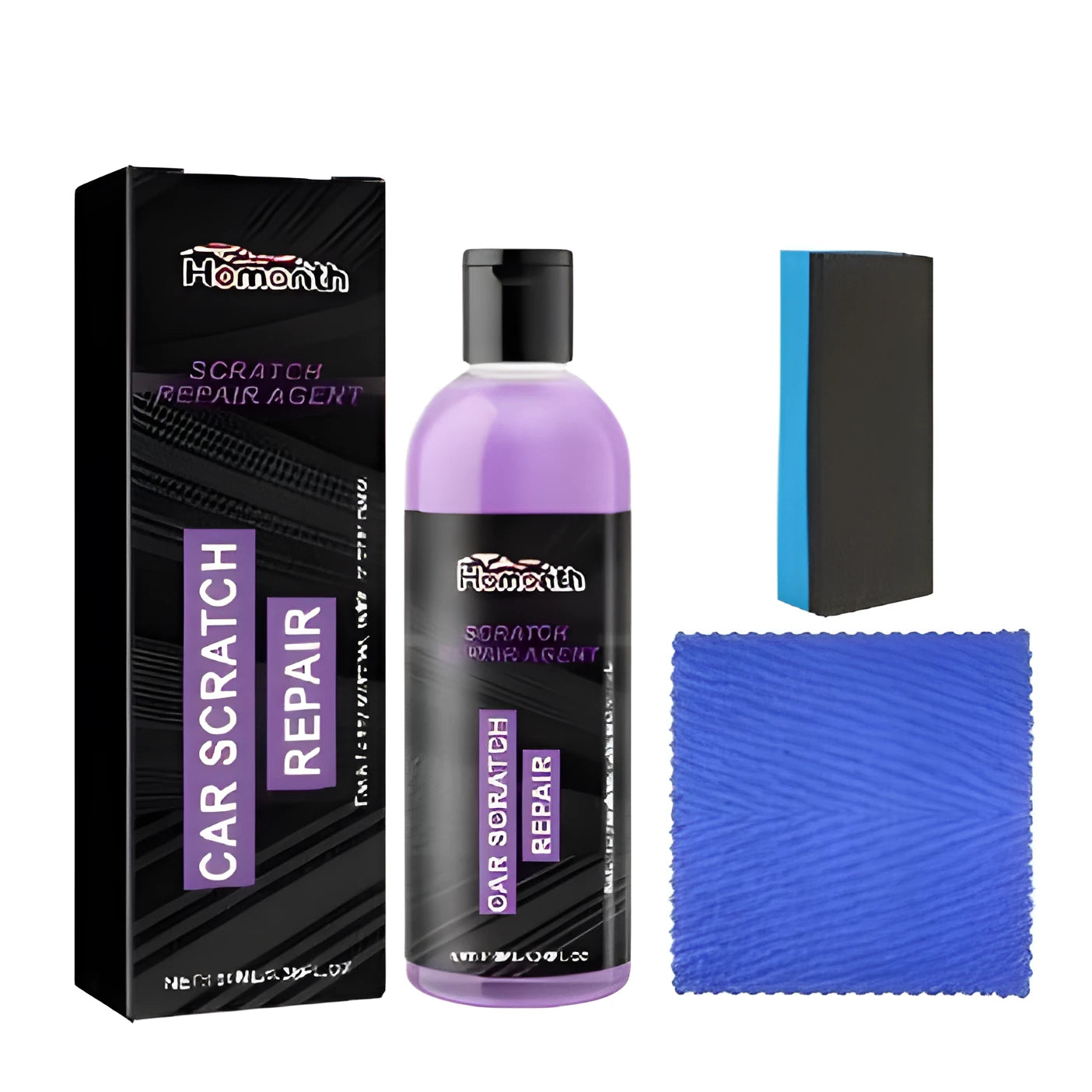 Car scratch repair kit showing 100ml bottle, sponge applicator, and soft cloth for DIY vehicle touch-ups
