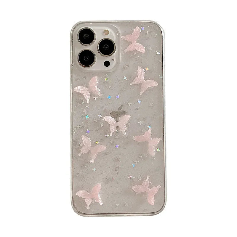 Bow iPhone 13 Pro Max TPU phone case with three-dimensional dream pink butterfly design transparent back cover