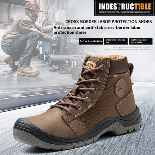 Orange lightweight labour protection safety shoes with leather upper and rubber sole