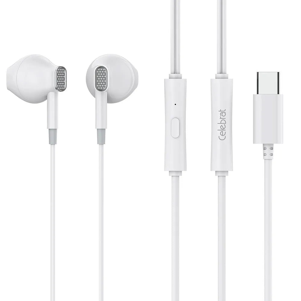 Celebrat new TYPE-C wired semi-in-ear headset with 1.2m cable in black and white colour options