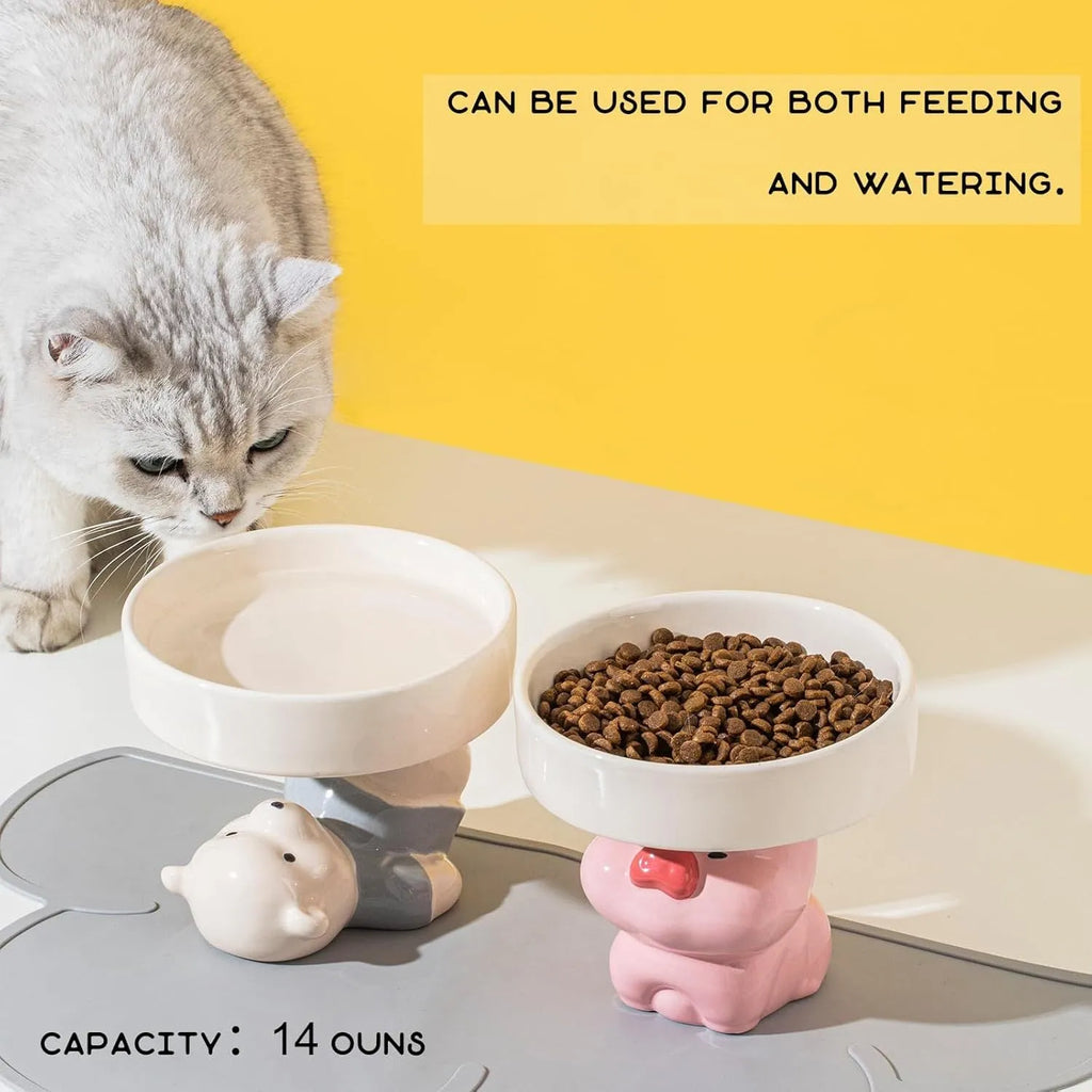 Raised ceramic cat bowl in animal theme design showing height and wide feeding surface