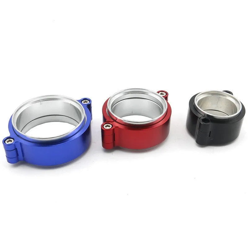Aluminium fixed movement clamp for car turbo exhaust, in red, showing its one-piece construction.