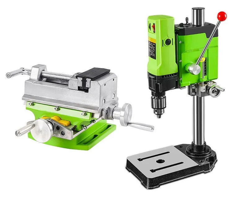 Mini bench drill milling machine on a workbench with optional pliers or drill accessories.